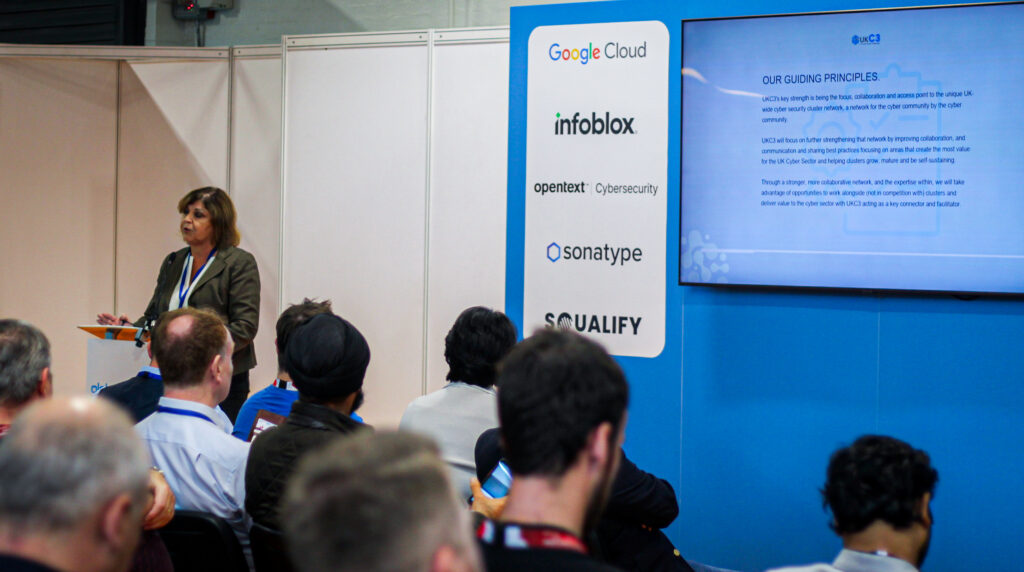 Pictured: Linda Smith, Director and Chair of UKC3, speaking at the Global Cyber Summit stage